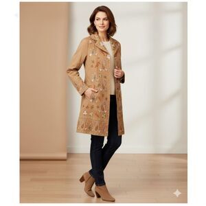 Coldwater Creek Coat Embroidered Tan Jacket Lined Womens Size 12